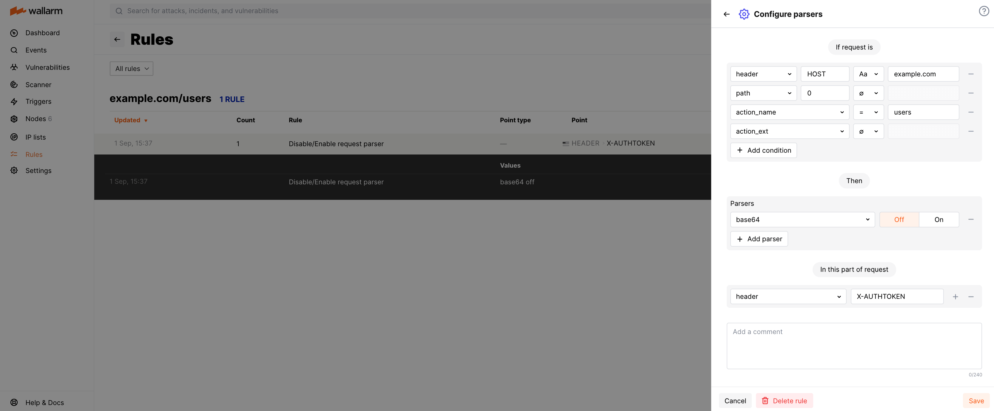 Example of the rule "Disable/Enable request parser"